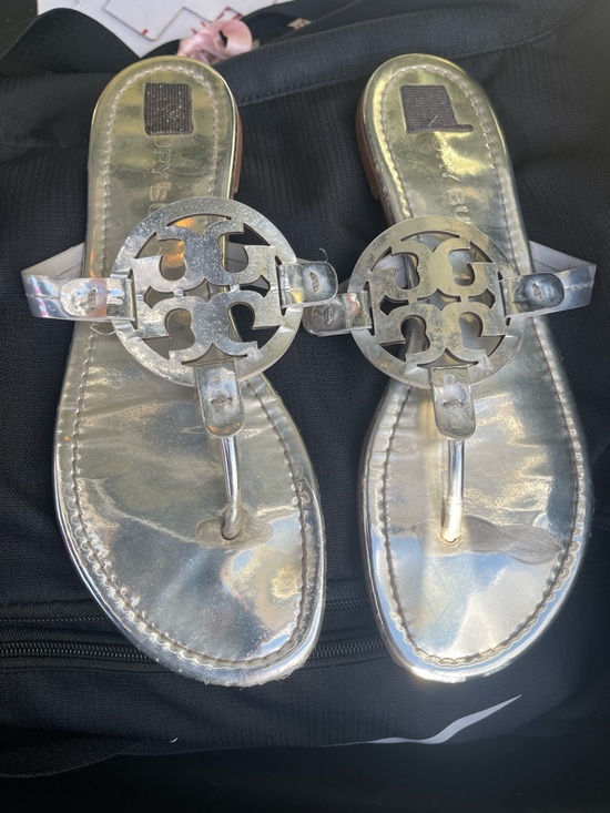Tory Burch Shoes - Tory Burch Silver Metallic Logo Sandals | Size 10